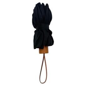Saks Fifth Avenue Vintage Folding Umbrella Black Wood Handle Leather Strap